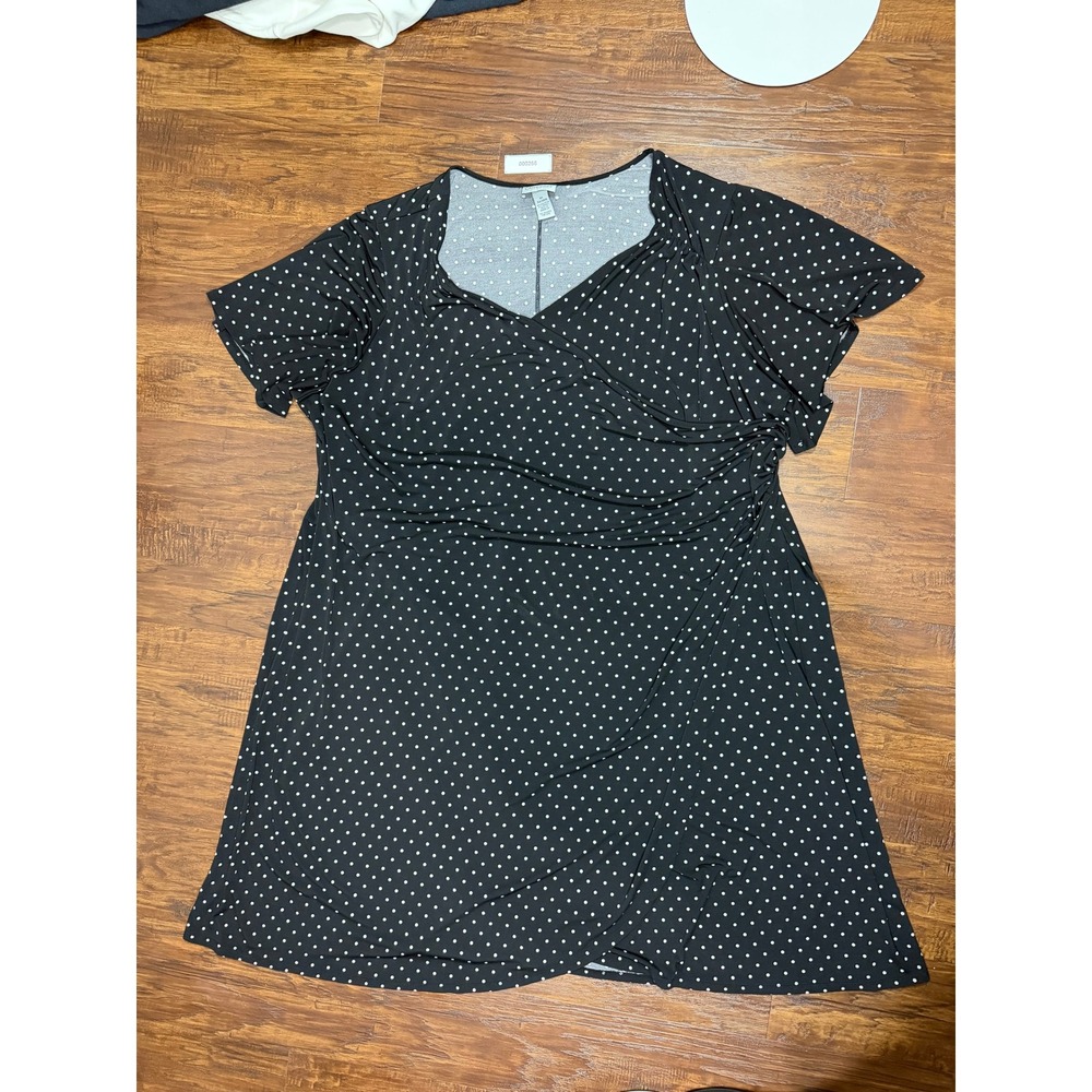 Catherines Polka Dot Faux Wrap Dress Black White Short Sleeve Plus 5X 34/36W